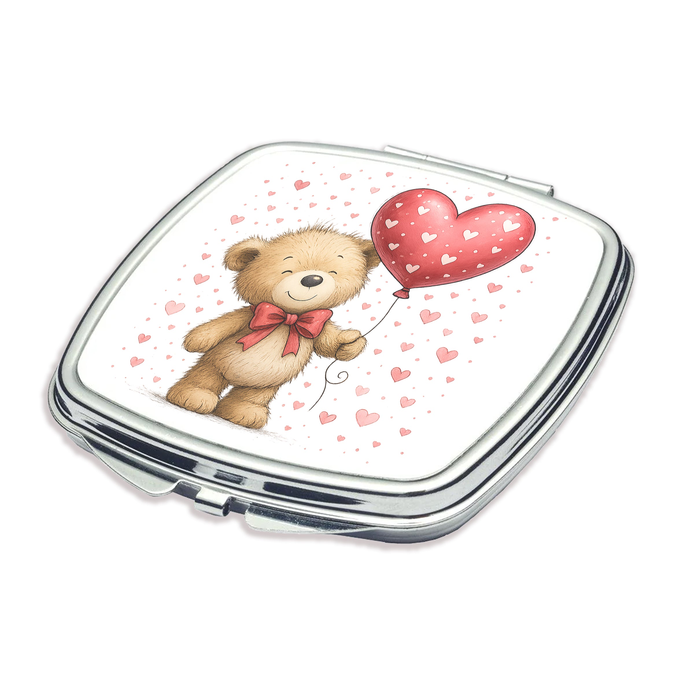 Square Makeup Mirror – Bear with Heart Balloon Design (6.5 cm)