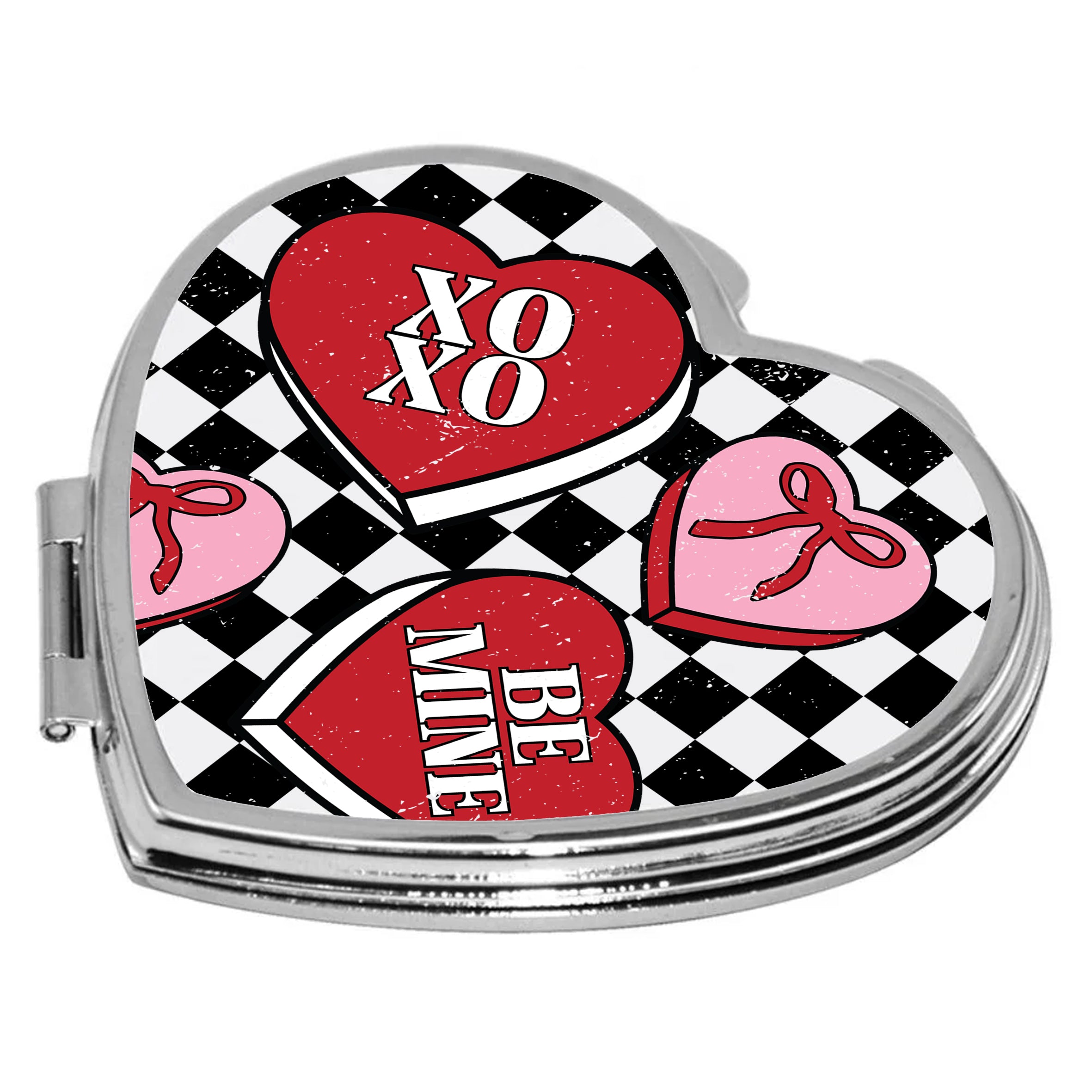 Heart-Shaped Makeup Mirror – Checkerboard &amp; Hearts Design